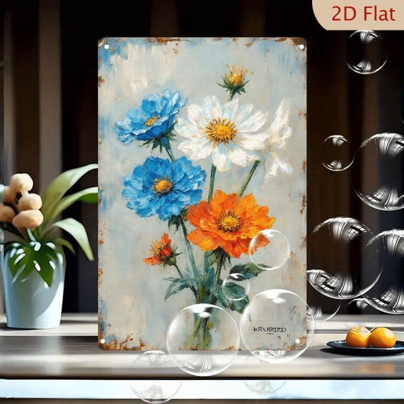 KRUBTZ 8x12inches Floral Wall Art, Impressionist Oil Painting of Cosmos Flowers in Glass Vase on Rustic Metal Background, Vibrant Blue White Orange Blooms, Vintage Distressed Wood Look Decor
