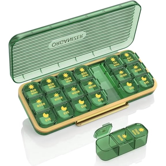 KRYVN 7-Day Pill Organizer 3 Times a Day, Large Weekly Medicine Box with Detachable Daily Containers, Moisture-Proof Pill Case for Vitamins and Medications, green