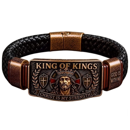 KRYVN King of Kings Faith Bracelet for Men Braided Leather Christian Wristband Adjustable Religious Jewelry Gift for Husband Dad GOD IS WITH ME Wristband