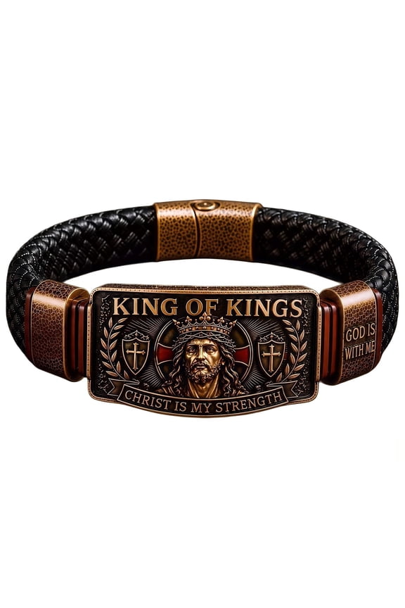 King of Kings Faith Bracelet for Men Braided Leather Christian Wristband Adjustable Religious Jewelry Gift for Husband Dad GOD IS WITH ME Wristband