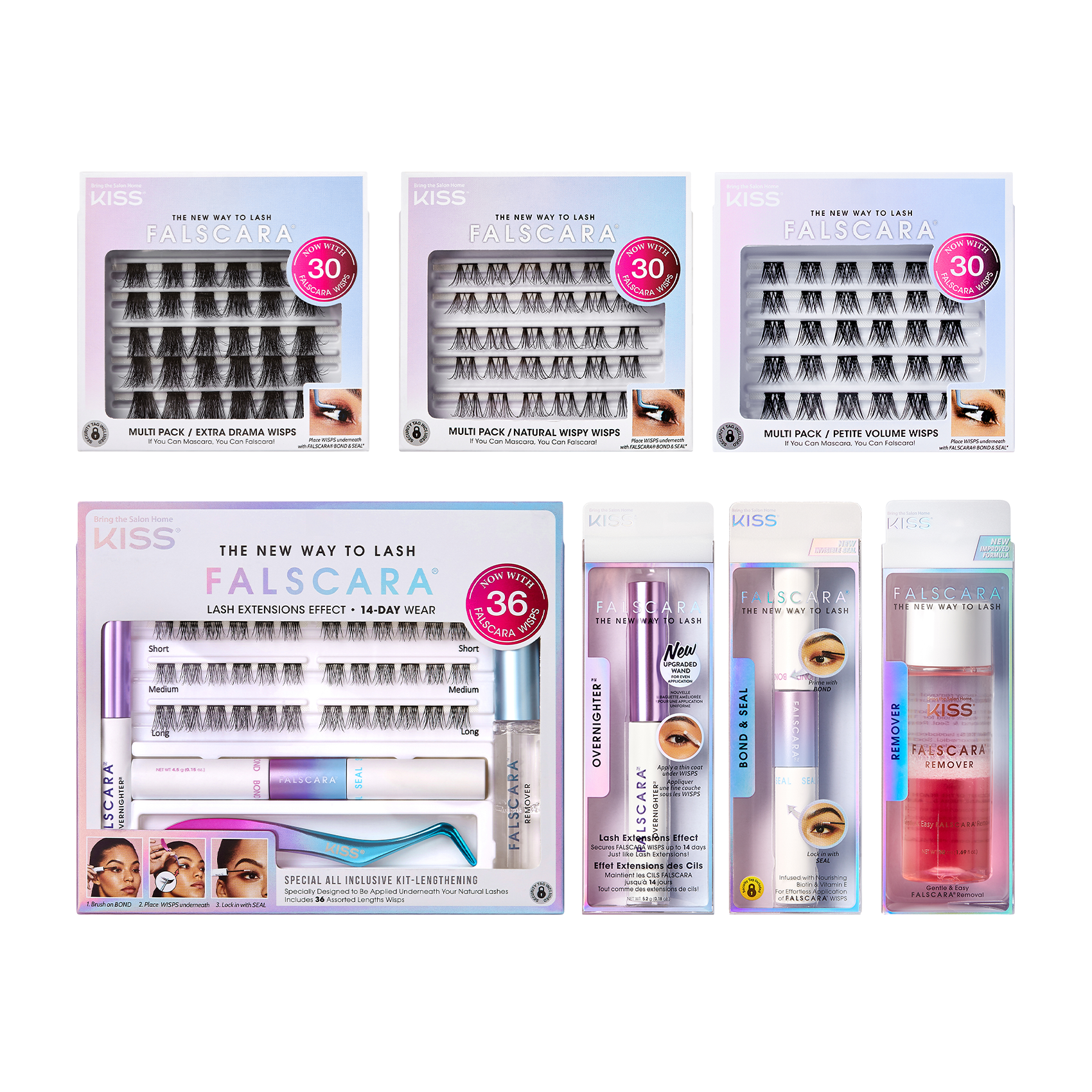 KISS Falscara 7 Piece All Inclusive Bundle, Lash Extension Kit, Lengthening Wisps, 126 Lash Clusters