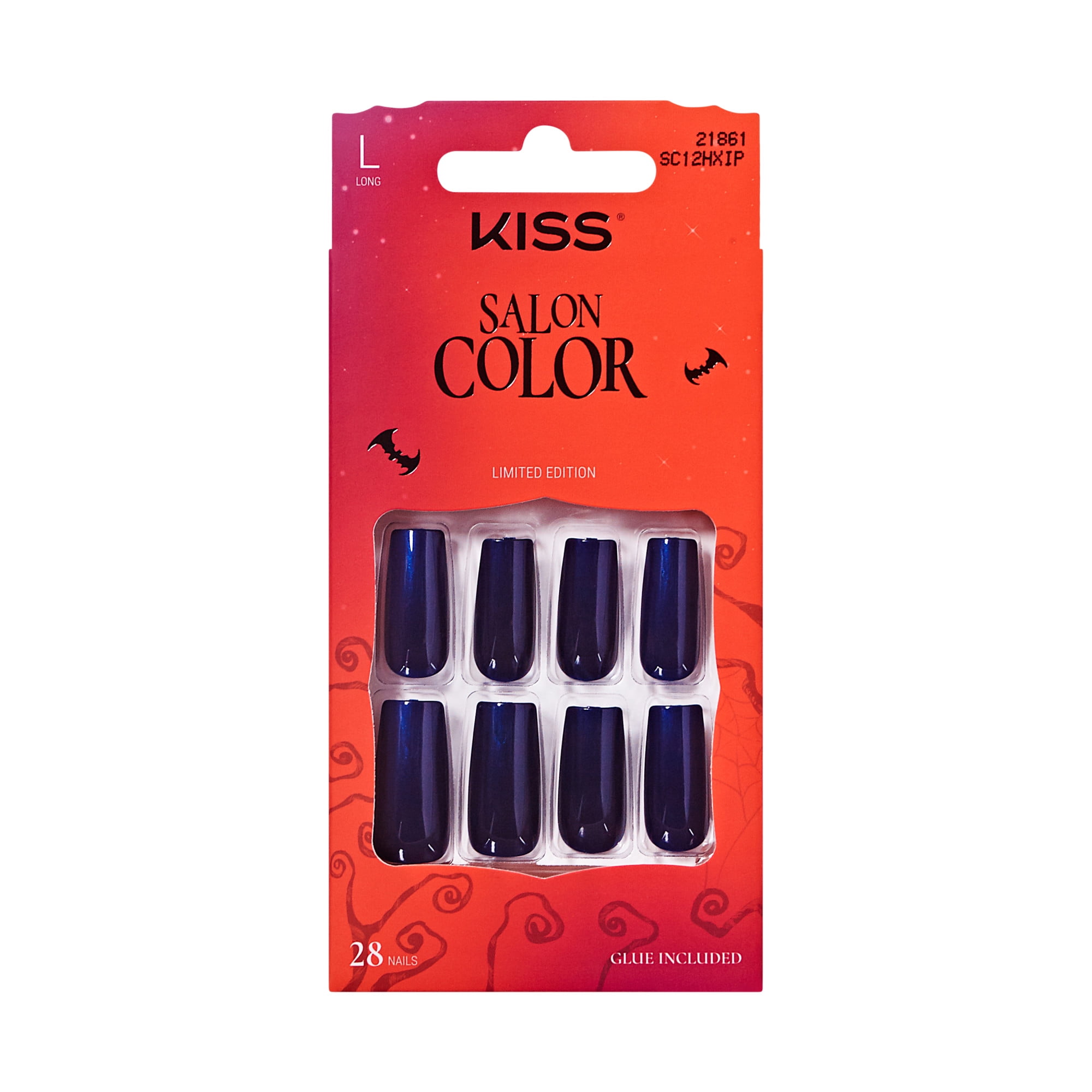 KISS Salon Color Halloween Press On Nails, Let's Boo This, Navy, Long Square, 28 Count