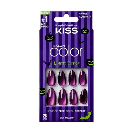 KISS Salon Color, Press-On Nails, Skele-bration, Purple, Med Oval, 24 Count
