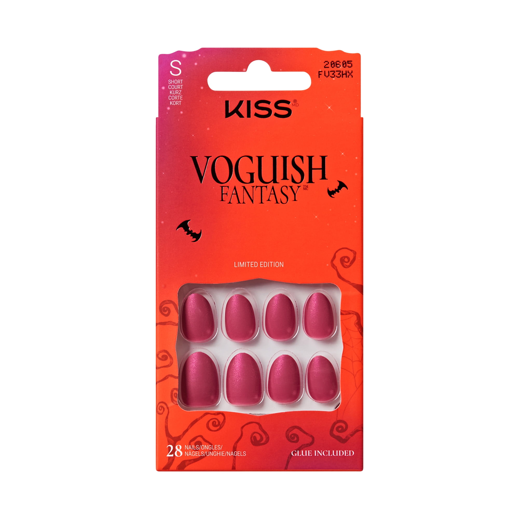 KISS Voguish Fantasy Halloween Press On Nails Almond, Ghostly Glow, Red, Short, 28 Count