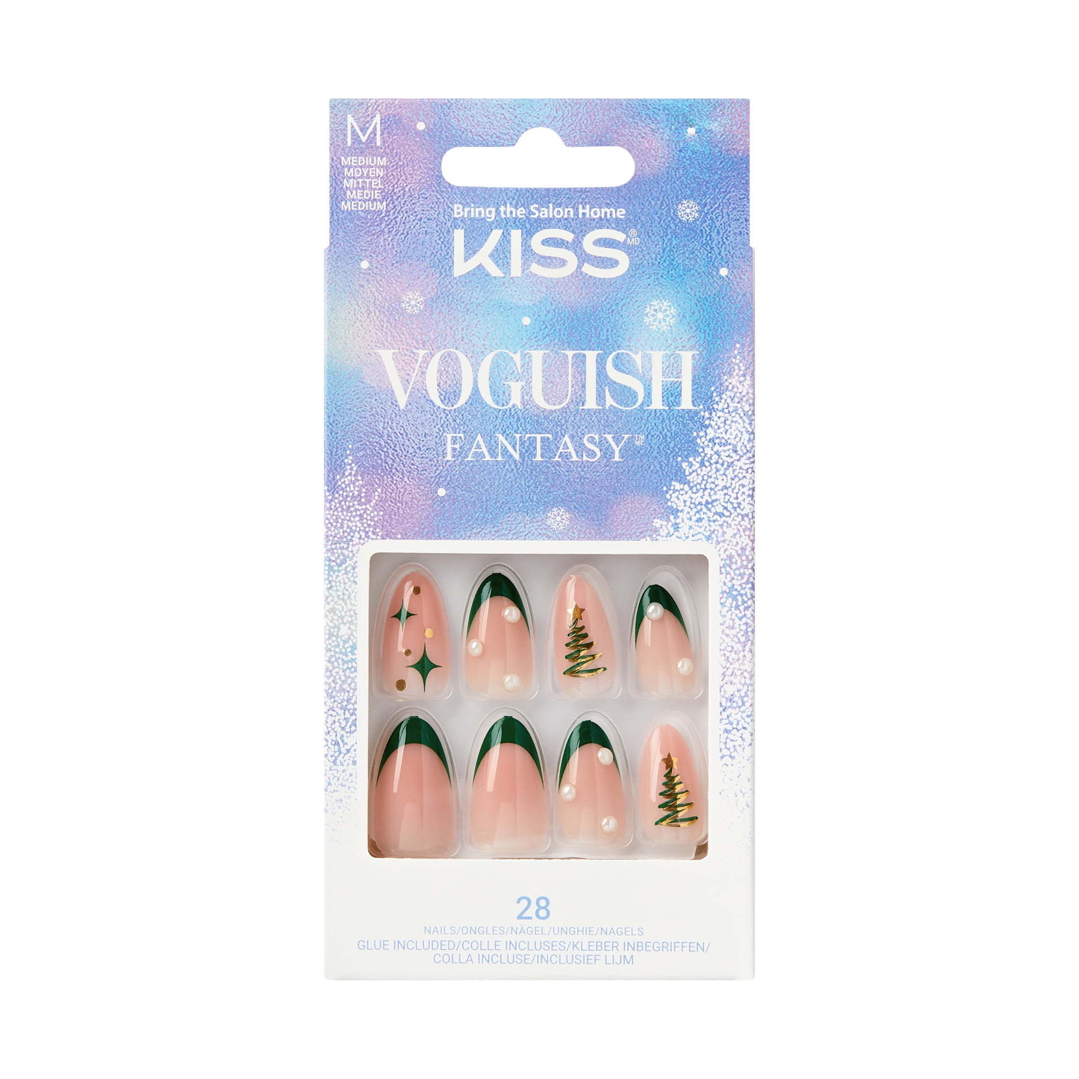 KISS Voguish Fantasy Holiday, Press on Nails, Midnight Air, Green, Medium Almond, 28 Count