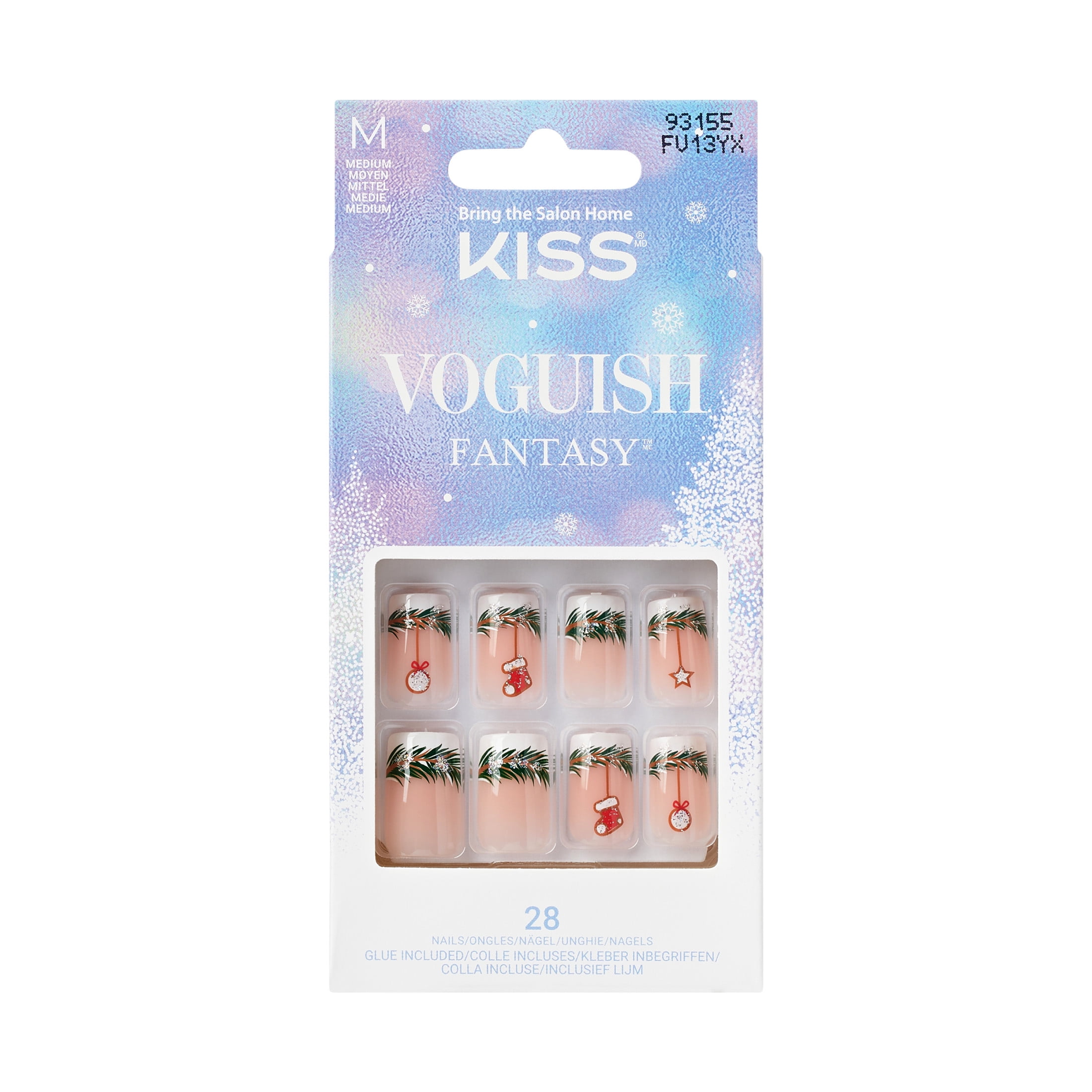 KISS Voguish Fantasy Holiday, Press on Nails, Nutty Elves, Multicolor, Medium Square, 28 Count