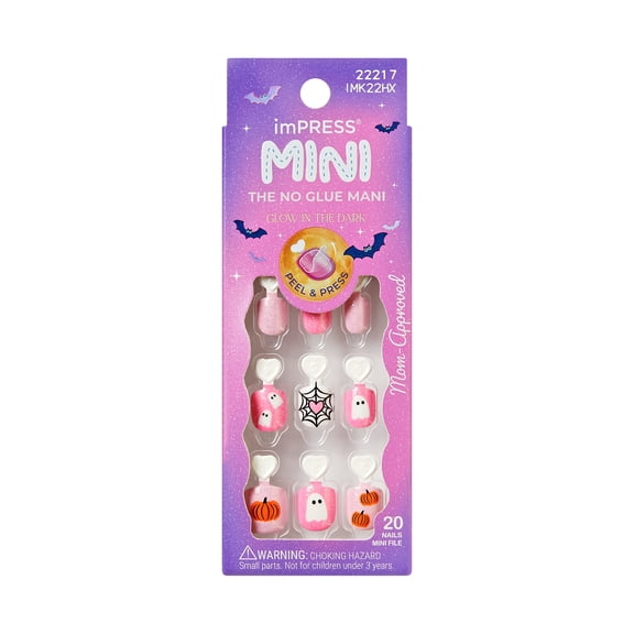 Kiss Impress Mini Press On Nails Short for Kids, Night Sparkles, Multicolor, Squoval, 20 Count