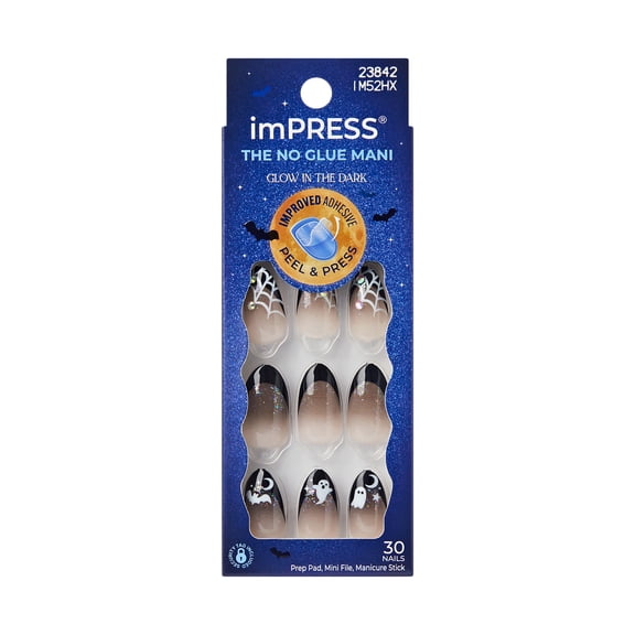 Kiss Impress Press On Nails Almond, Halloween, ‘Boo Proof’, Black, Medium, 30 Count