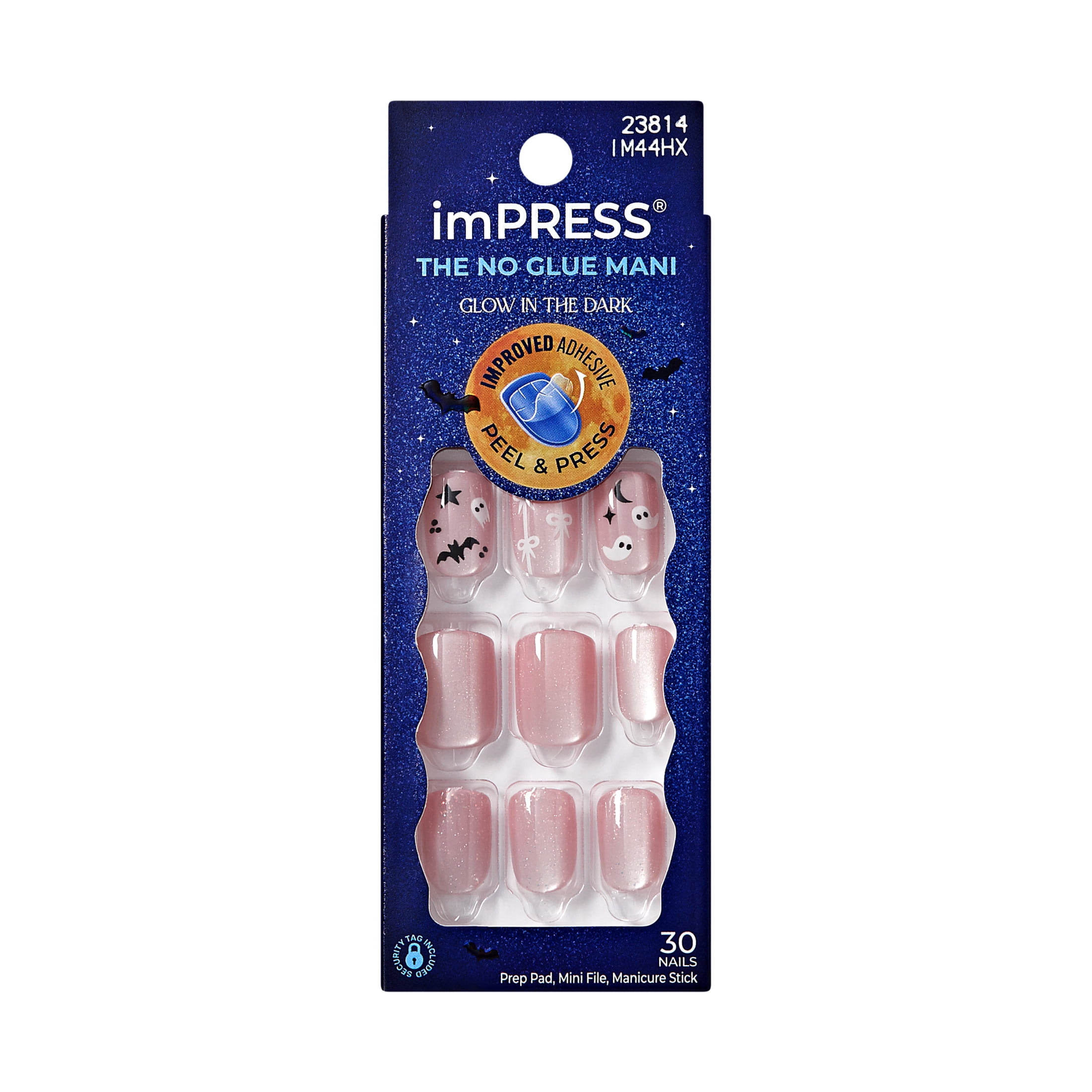Kiss Impress Press On Nails Short, Halloween, ‘Broom & Bloom’, Pink, Squoval, 30 Count