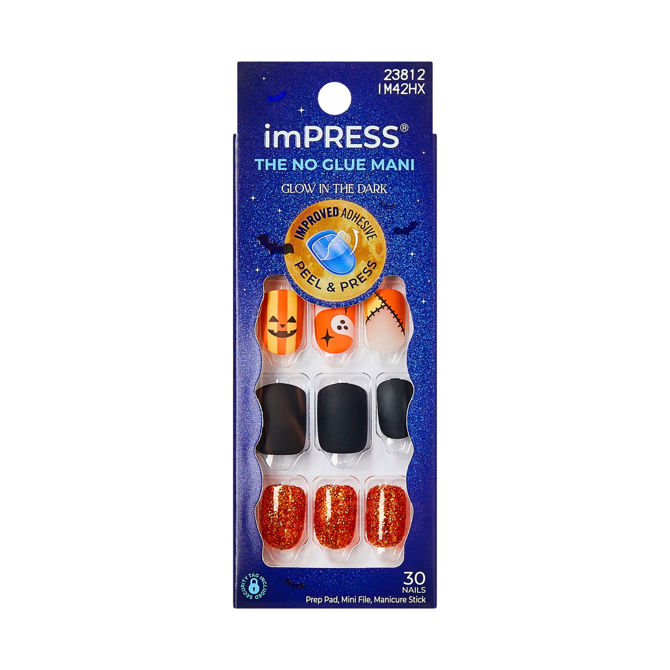 Kiss Impress Press On Nails Short, Halloween, ‘Dead Glam’, Orange & Black, Squoval, 30 Count