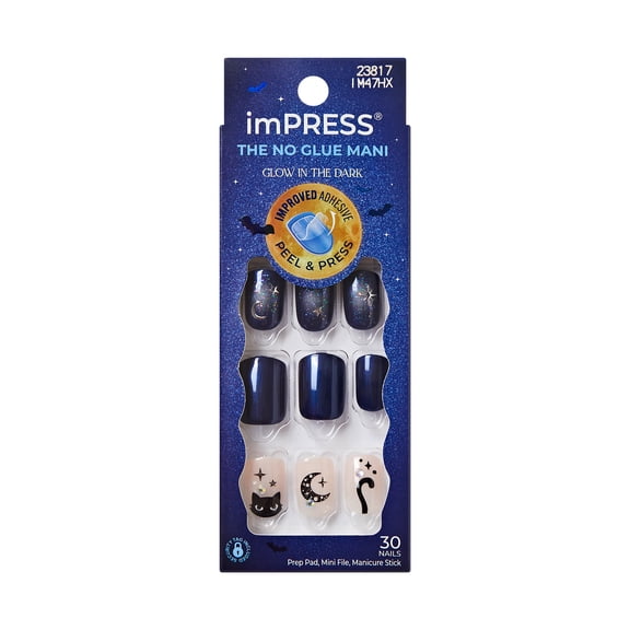 Kiss Impress Press On Nails Short, Halloween, ‘Fright Club’, Blue, Squoval, 30 Count