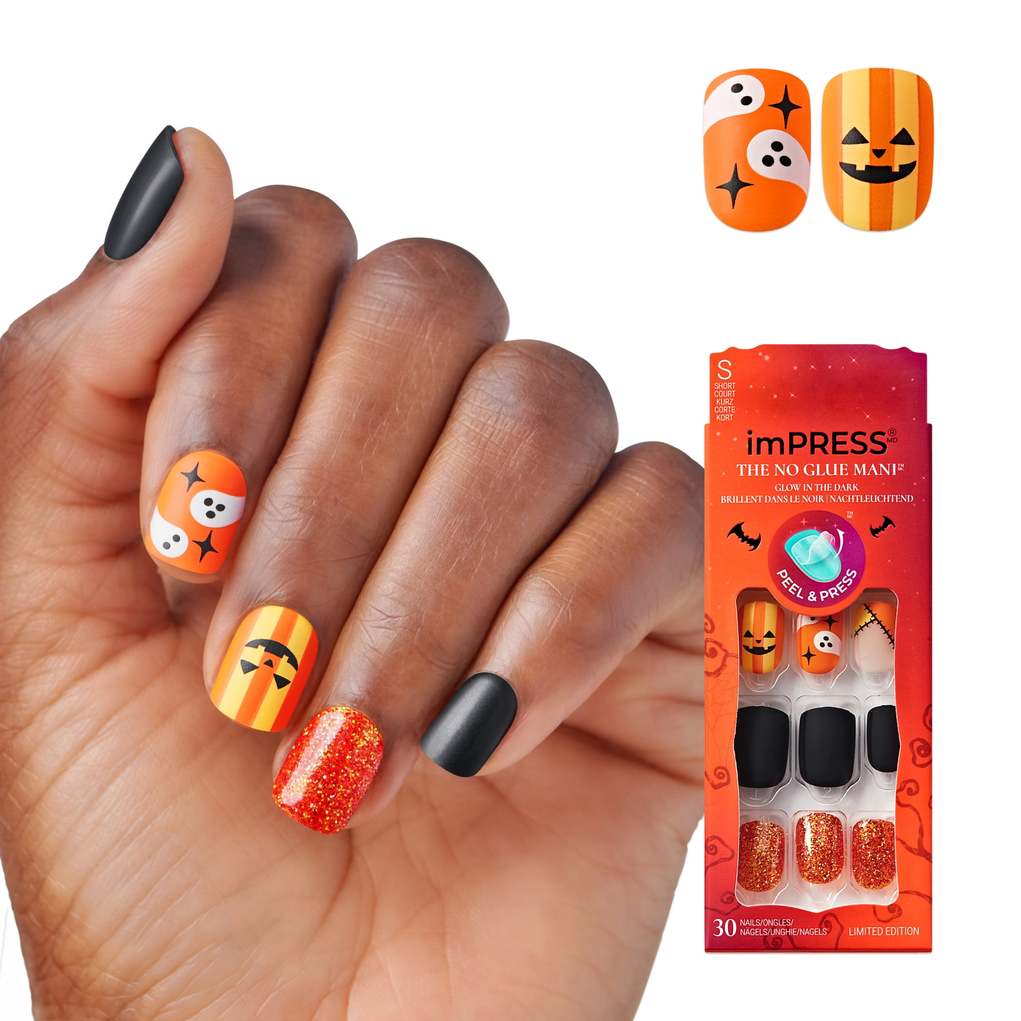 KISS imPRESS Halloween Press On Nails, In Your Sleep, Orange, Short Squoval, 30 Count