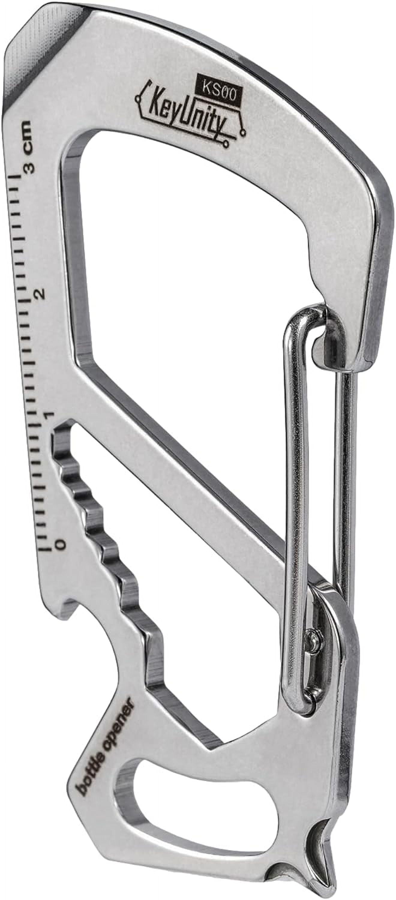 KS00 Carabiner Clip Multitool Stainless Steel 7 Tools in 1, Quick Release Clasp, Wrench, Cross Screwdriver, Slotted Bottle Opener, Ruler, Key Holder (Silver)