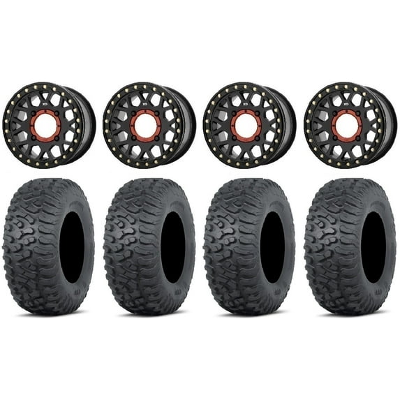 KS235 Grenade Beadlock 14" Wheels Bk 28" Terra Hook Tires Kawasaki Mule Pro FXT