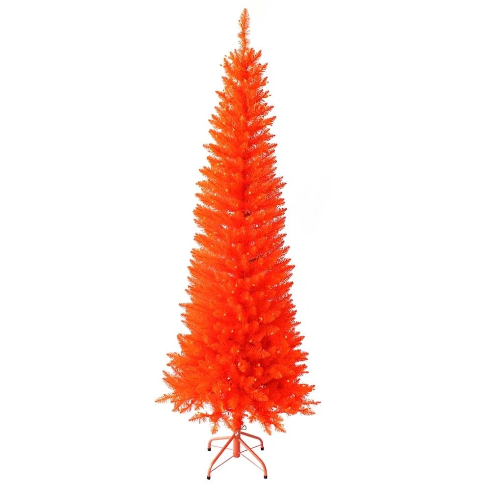 KSA 6' PreLit Slim Artificial Christmas Tree, Orange Lights