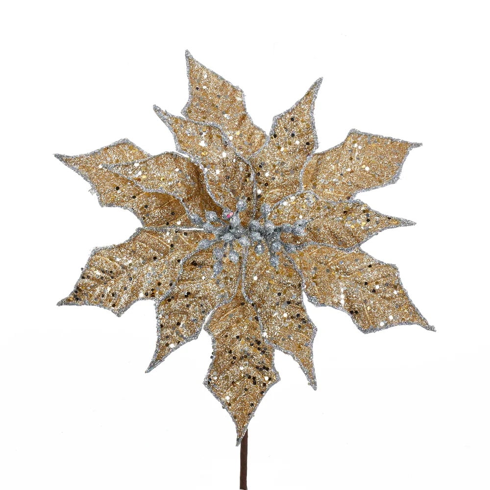 KSA Pack of 12 Gold and Silver Artificial Christmas Poinsettia Flower ...