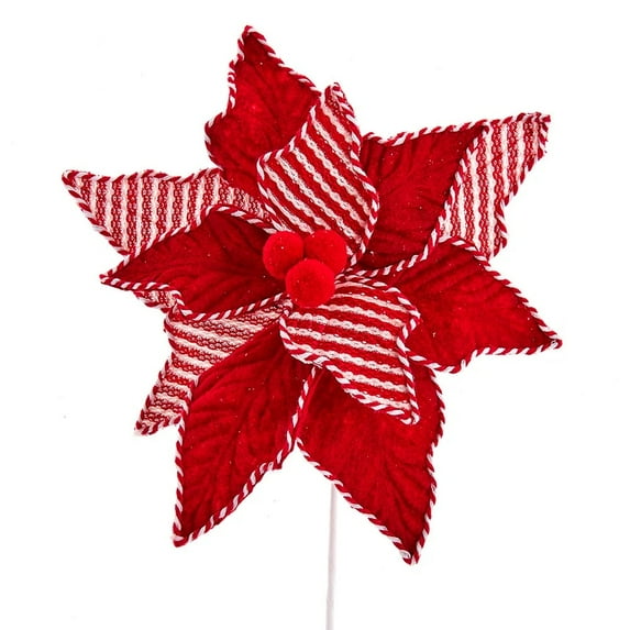 KSA Pack of 12 Red and White Artificial Christmas Striped Poinsettia Flower Picks 24"