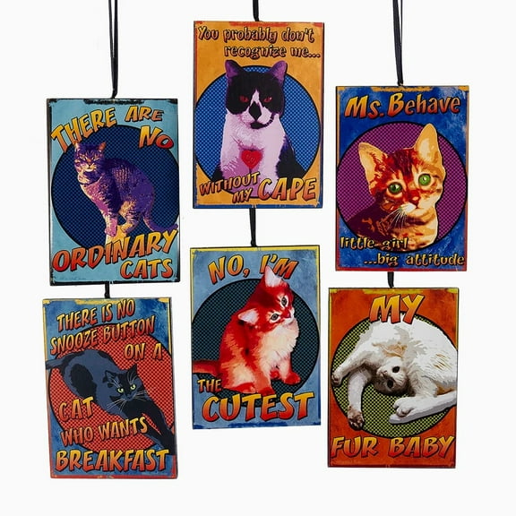 KSA Pack of 24 Blue, Red and Orange Wooden Cat with Saying Ornaments 13.25"