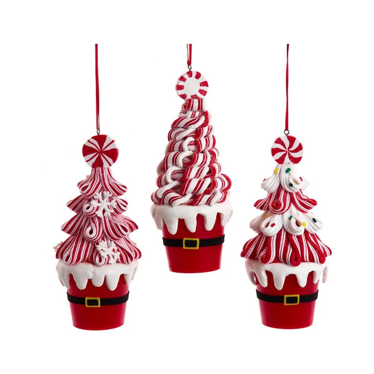 KSA Set of 12 Candy Swirl Tree in Santa Bucket Christmas Ornaments 6.25