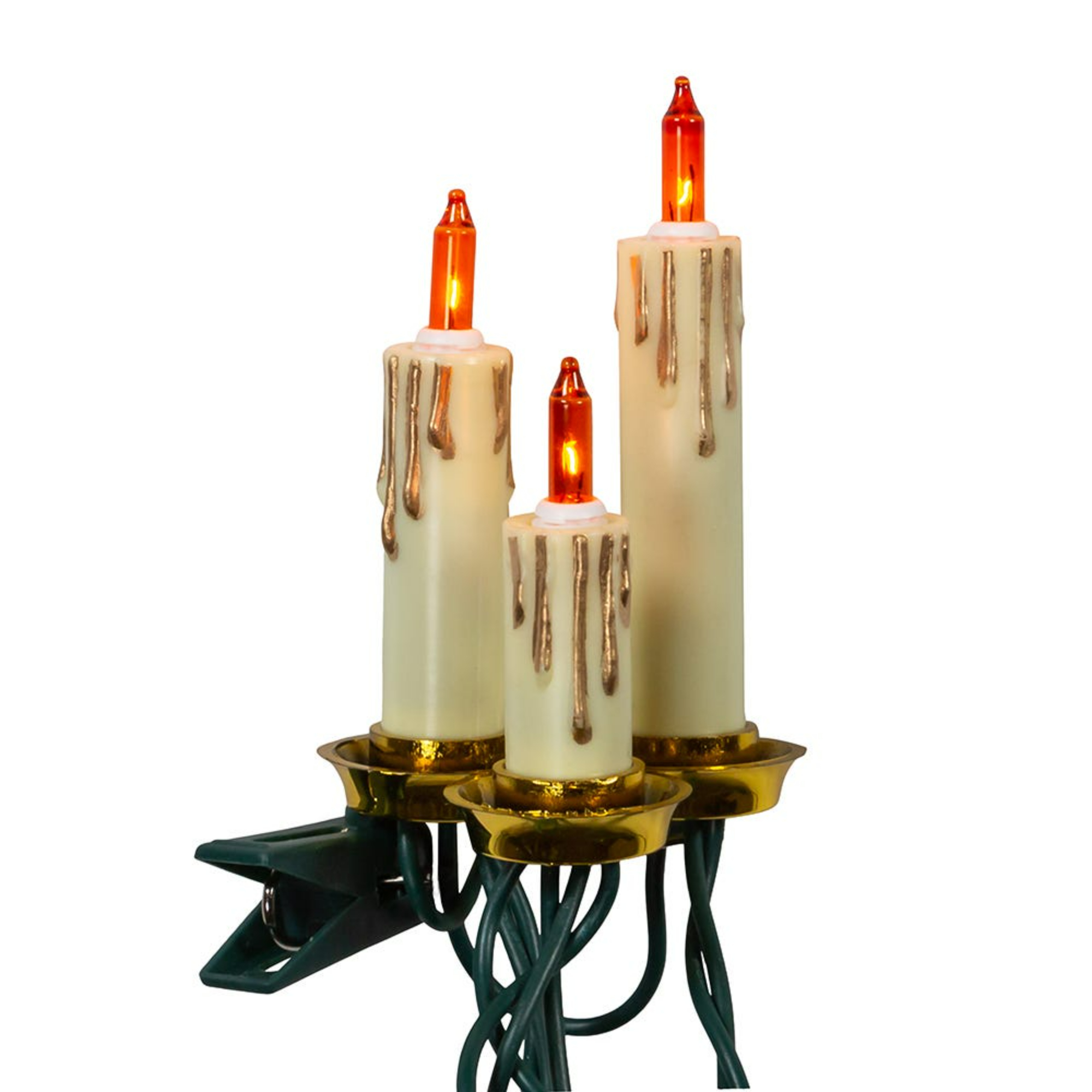 KSA Set of 15 Amber Clipon Triple Candle Lights, 30.5' Green Wire