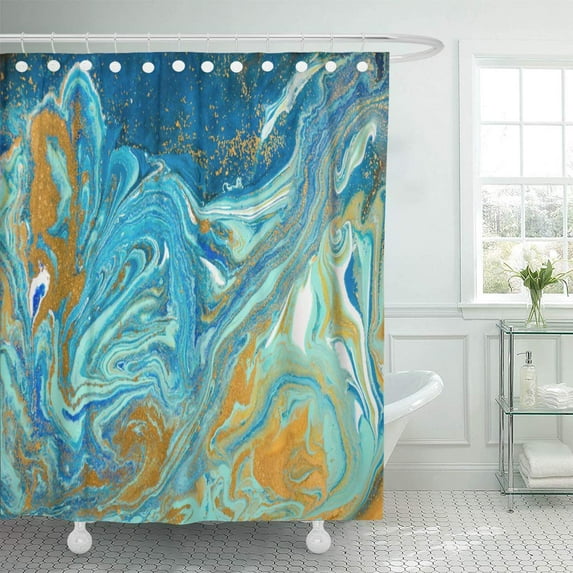 KSADK Acrilic Marble Abstract Blue Marbling Artwork Agate Pattern Gold Powder Watercolor Aqua Shower Curtain Bathroom Curtain 66x72 inch