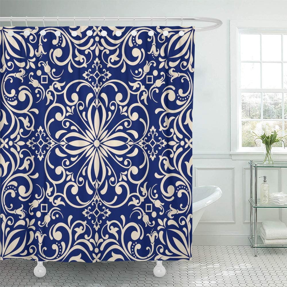 KSADK Beige Arabesque Damask Pattern in Dark Blue and Gold Endless