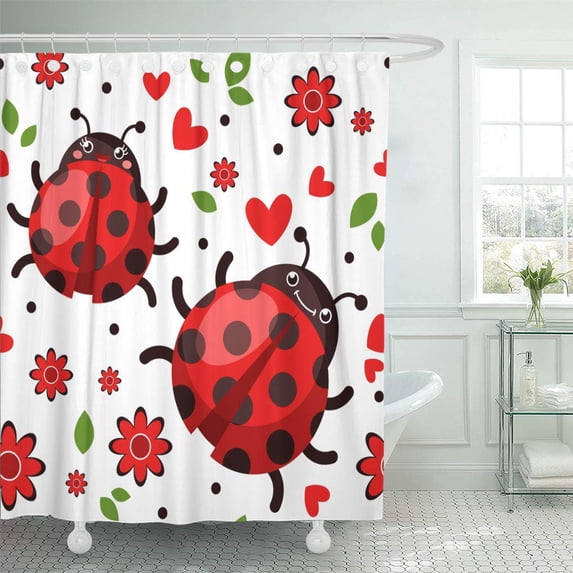 KSADK Black Abstract with Cartoon Happy Ladybugs Flowers Hearts and Leaves Red Beetle Shower Curtain Bathroom Curtain 60x72 inch
