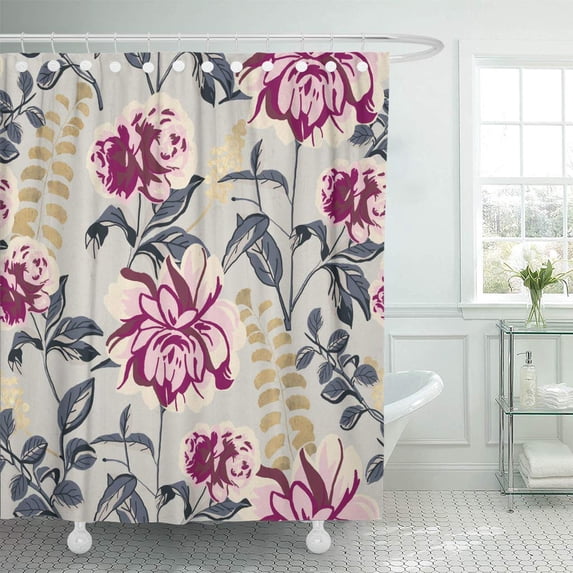 KSADK Blue Abstract Elegance with Peony Flower and Gold Details Vintage Grey Colorful Shower Curtain Bathroom Curtain 66x72 inch