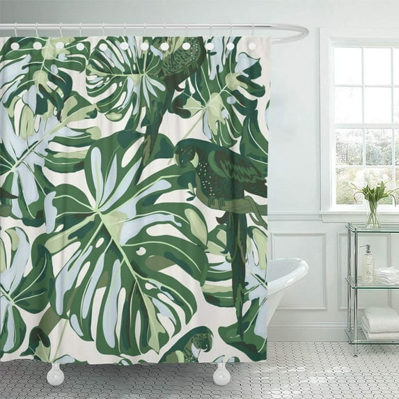 KSADK Blue Bird Pattern from Tropical Palm Tree On Milk Teal Tint Color Deep Fill Foliage Shower Curtain 66x72 inch