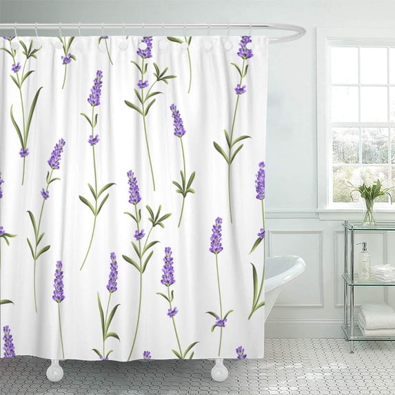 KSADK Blue Garden of Lavender Flowers on White Watercolor Pattern with Swatch Green Shower Curtain 66x72 inch