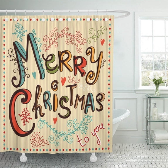KSADK Border Vintage Christmas Merry Retro Writing Label Calligraphy Xmas Mistletoe Shower Curtain 66x72 inch