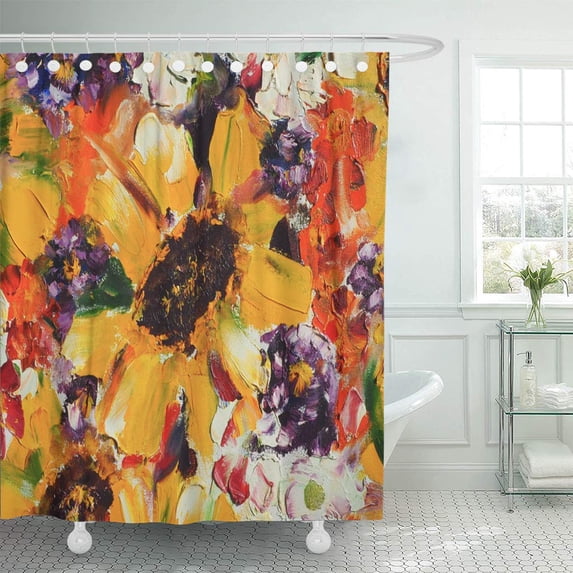 KSADK Brown Abstract Oil Painting Fantasy Colourful Flowers Sunflowers on Canvas Modern Bouquet Shower Curtain Bathroom Curtain 66x72 inch