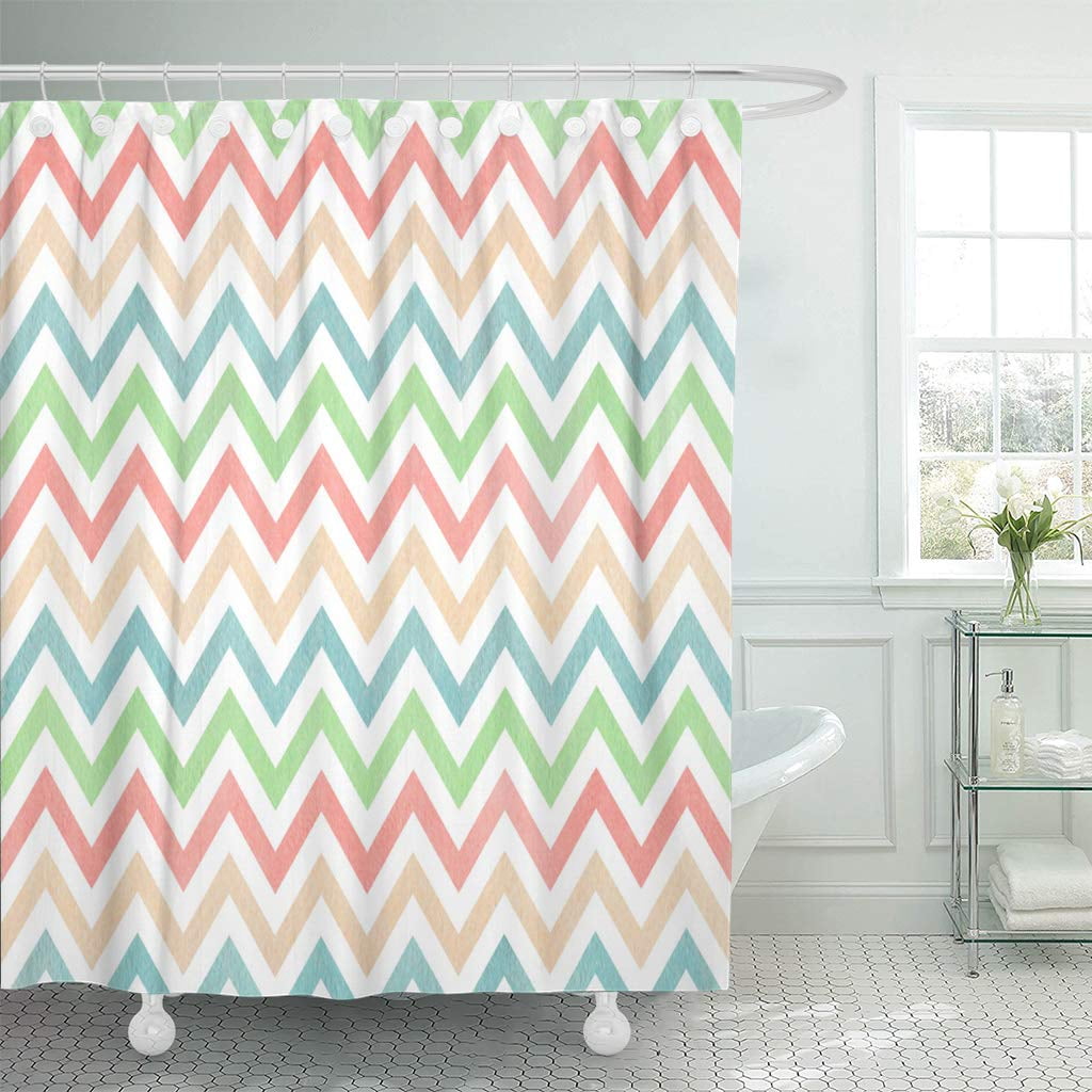 KSADK Chevron Watercolor Blue Light Pink Beige and Mint Green Stripes Classic Color Shower Curtain Bathroom Curtain 66x72 inch