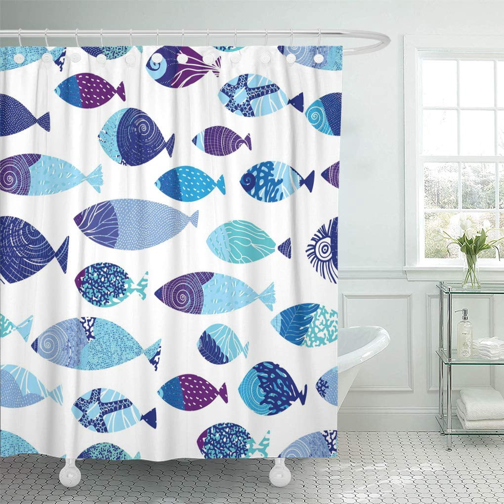 KSADK Colorful Comic Blue Fish Sea Aquarium Shower Curtain Bathroom ...