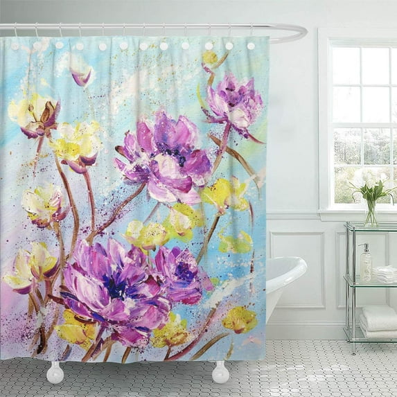 KSADK Colorful Hand Modern Purple and Yellow Flowers Spring Seasonal Nature Oil Painting Shower Curtain Bath Curtain 60x72 inch