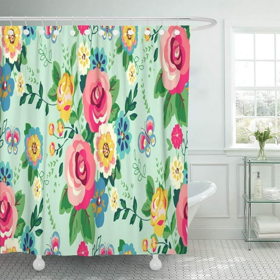 KSADK Colorful Spring Flower Green Ditsy Floral Summer Tropical Turquoise Accent Bathroom Shower Curtain 60x72 inch