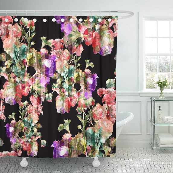 KSADK Colorful Stripe Rose Pattern with Mosaic on Dark Pink Abstract Floral Painting Bathroom Shower Curtain 60x72 inch