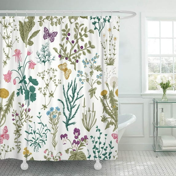 KSADK Colorful Vintage Floral Herbs and Wild Flowers Botanical Engraving Style Spring Bathroom Shower Curtain 60x72 inch