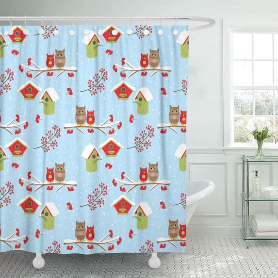 KSADK Cute Owls Sitting on Branches Birdhouses Red Berries and Snow Blue Bathroom Shower Curtain 60x72 inch