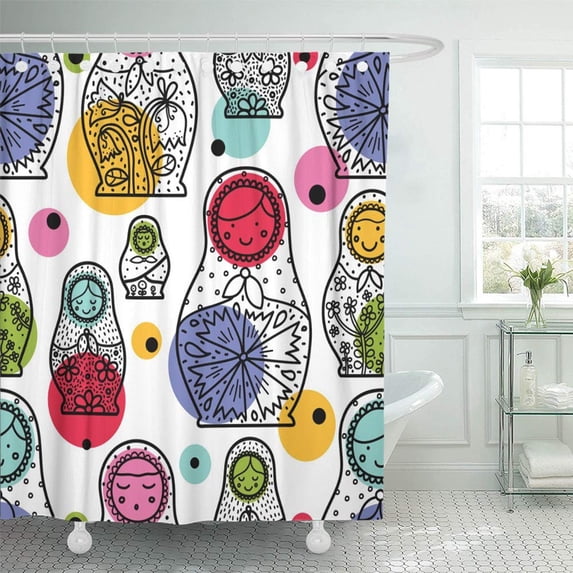 KSADK Family Matryoshka and Polka Dot Cute Babushka Matrioska Black Culture Doll Drawn Shower Curtain 66x72 inch