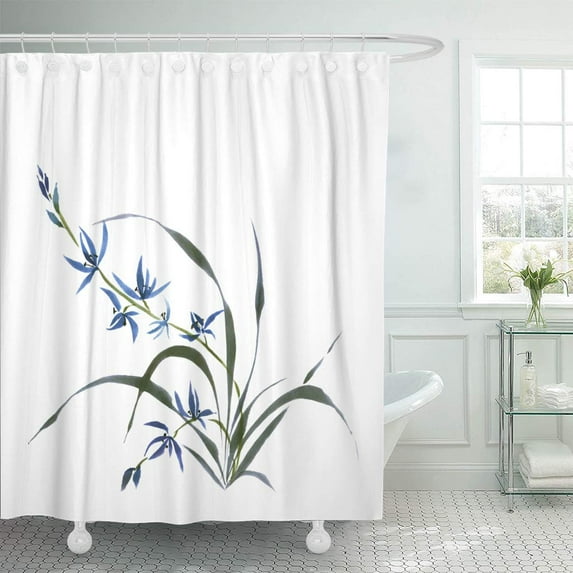 KSADK Green Branch Wild Orchid Flower White Ink Watercolor Oriental Japanese Abstract Shower Curtain Bathroom Curtain 66x72 inch