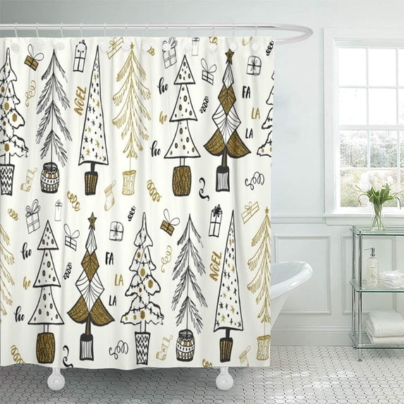 KSADK Ink Brush Strokes Christmas Trees Forest Boxes Modern Calligraphy Black Gold Shower Curtain 66x72 inch