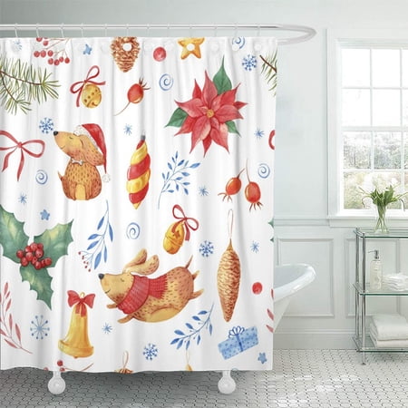 KSADK Kids Christmas with Dog Flowers and Toys Winter Watercolor Pack Fills and Bell Shower Curtain 66x72 inch