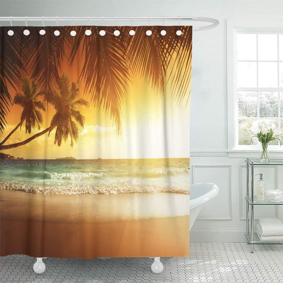 KSADK Orange Sun Sunset On The Beach of Caribbean Sea Yellow Palm Tropical Surf Sand Tree Shower Curtain Bath Curtain 66x72 inch