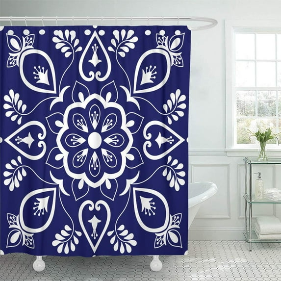 KSADK Ornaments with Blue and White Floral Motifs Portuguese Azulejo Mexican Talavera Shower Curtain 66x72 inch