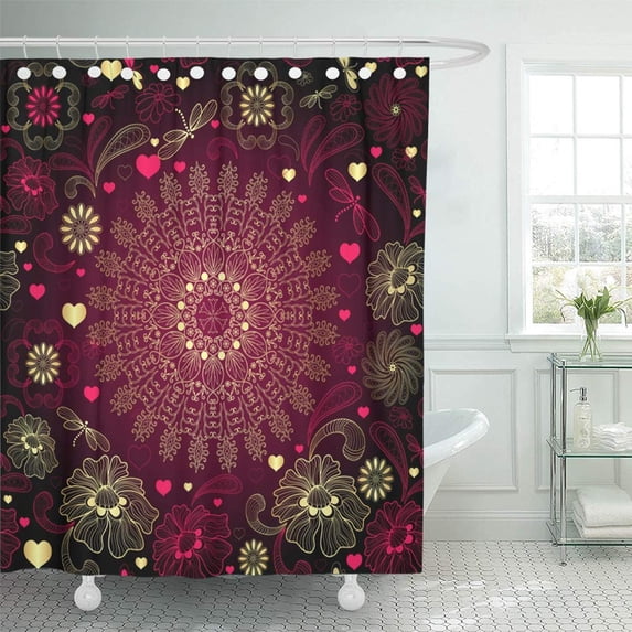 KSADK Pink Dragonfly Valentine Dark Purple and Gold Pattern Red Abstract Amour Bright Curl Shower Curtain Bath Curtain 66x72 inch