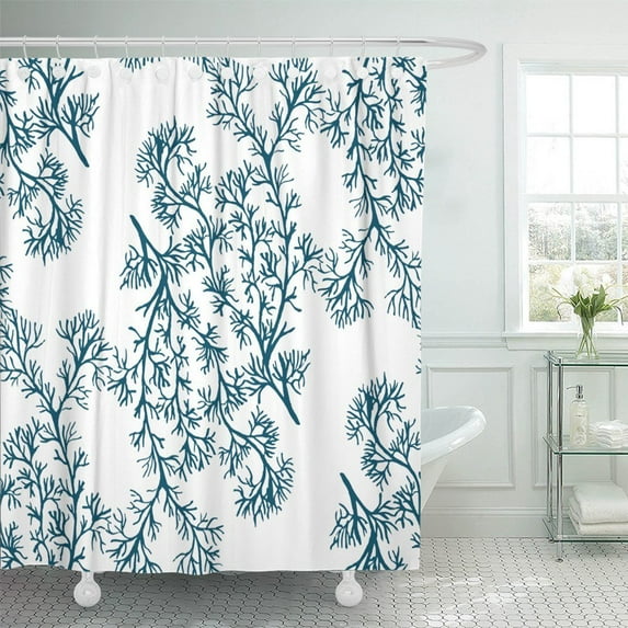 KSADK Reef Watercolor Blue Green Coral on White Design Pattern Fills Underwater Ocean Sea Shower Curtain 66x72 inch