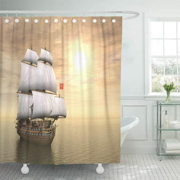 KSADK Sea 3D Generated Scene of Pirate Ship at Sunset French Wind Frigate Regatta Shower Curtain Bath Curtain 60x72 inch