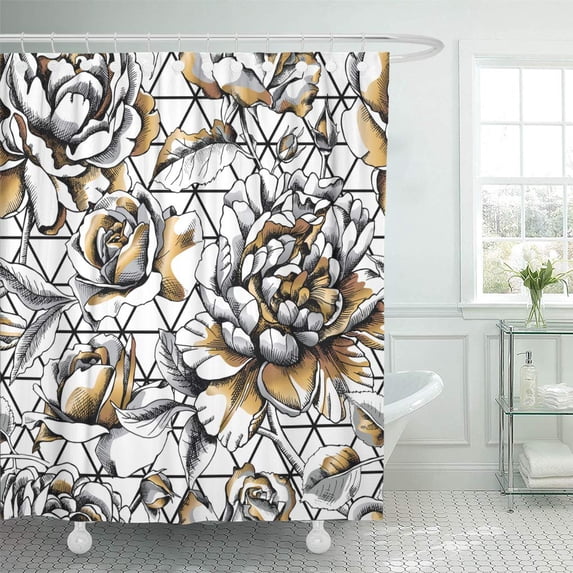 KSADK Silver Floral with Gold Peony and Rose On Geometric Romantic Vintage Abstract Bloom Shower Curtain Bath Curtain 66x72 inch