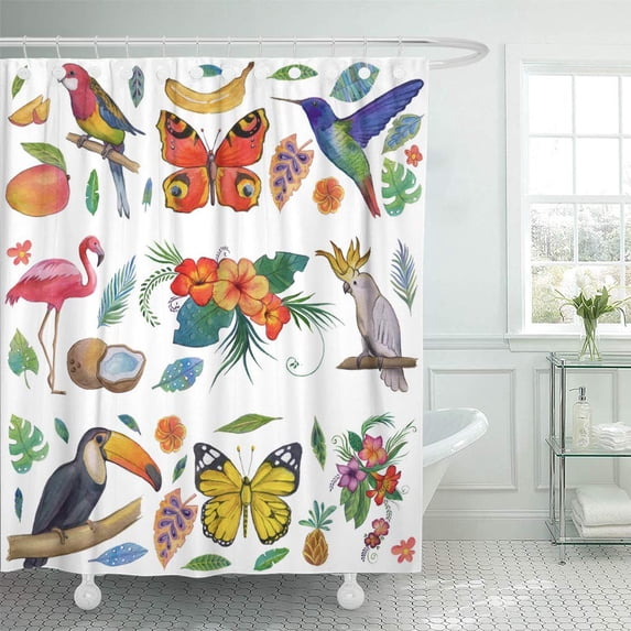 KSADK Tropical Garden Birds Butterflies Parrots Flowers Fruits Palms Toucan Flamingo Shower Curtain Bath Curtain 60x72 inch